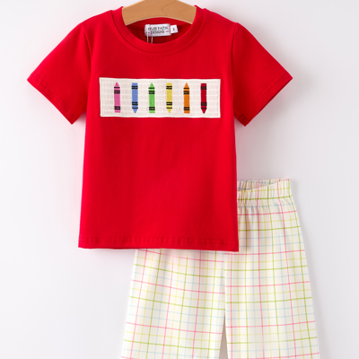 Toddler Boys Back to School Pencil Smock Embroidered Plaid Set