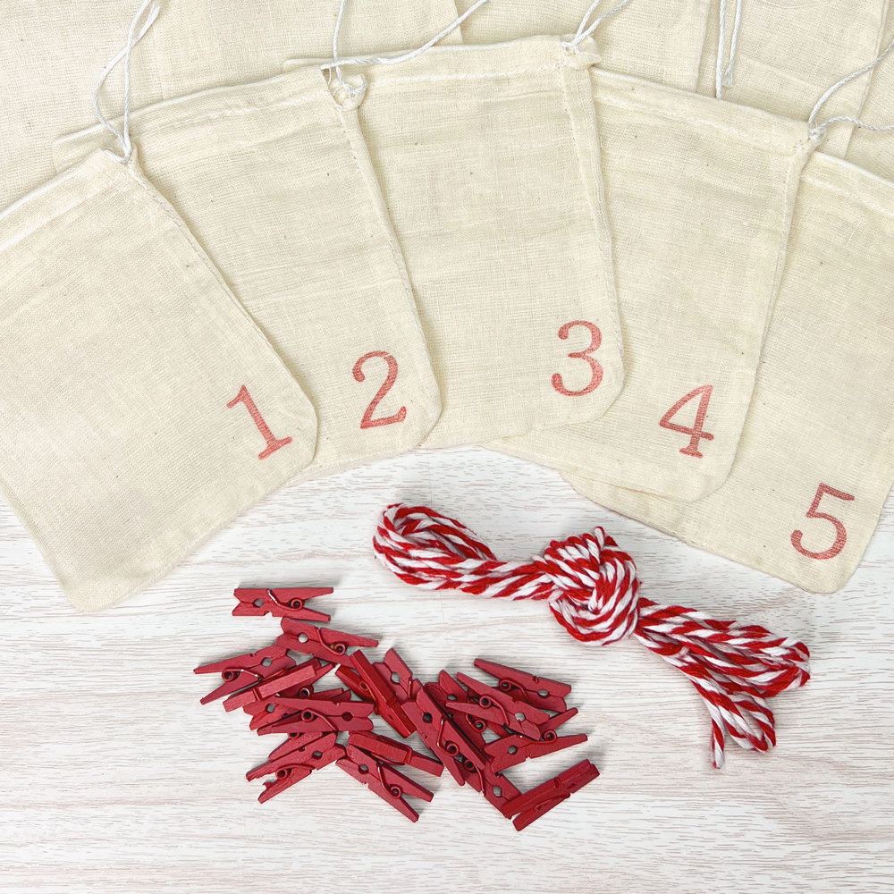 Advent Calendar Set | 24 cloth drawstring bags with mini clothespins and twine