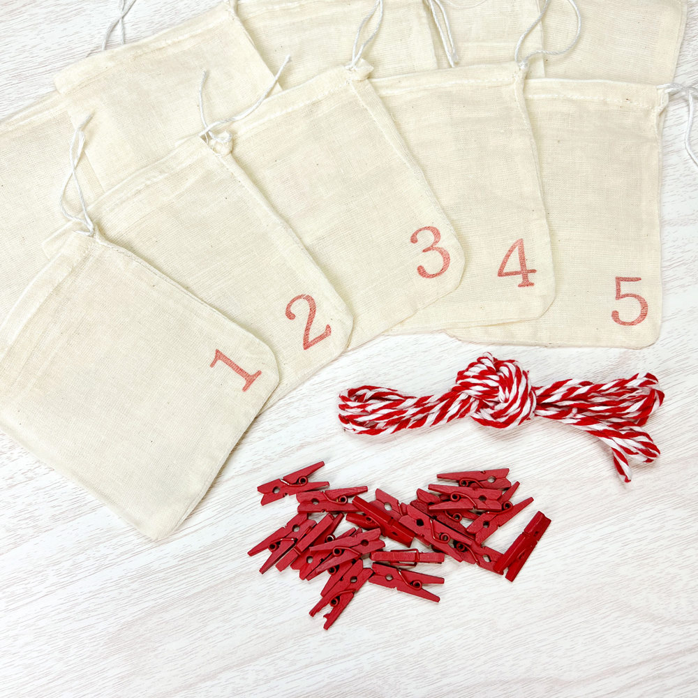 Advent Calendar Set | 24 cloth drawstring bags with mini clothespins and twine