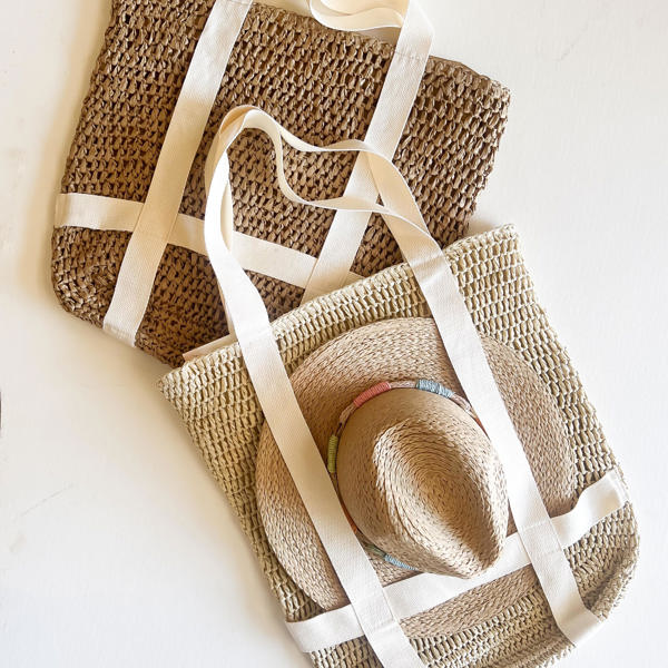 Hat Carrying Tote | Straw Hat Bag | Rattan and Canvas Vacation Purse