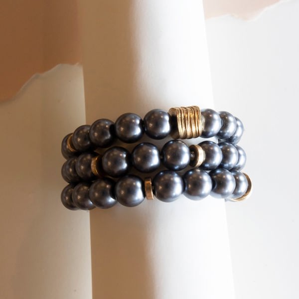 Beth Pearl Bracelet Set | Gun Metal Black and White Pearl Layering Bracelets