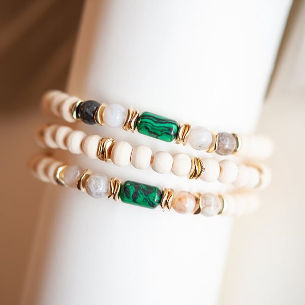 Bree Wood Beaded Bracelet Set | Natural Wood Layering Bracelets | Lucite Stone Bead Details