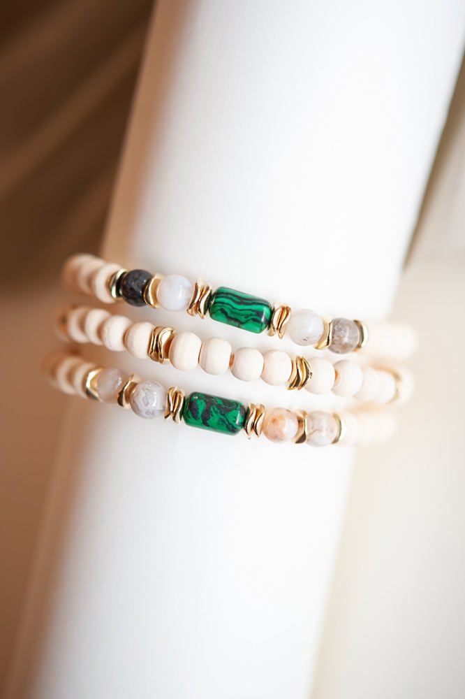 Bree Wood Beaded Bracelet Set | Natural Wood Layering Bracelets | Lucite Stone Bead Details