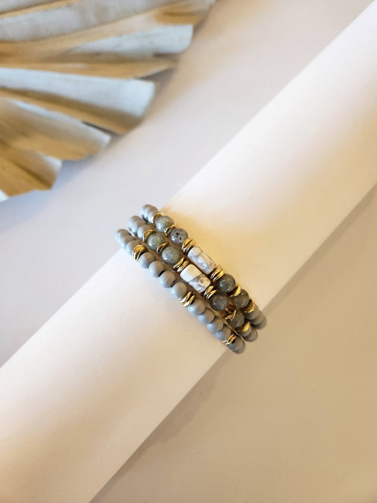 Bree Wood Beaded Bracelet Set | Natural Wood Layering Bracelets | Lucite Stone Bead Details