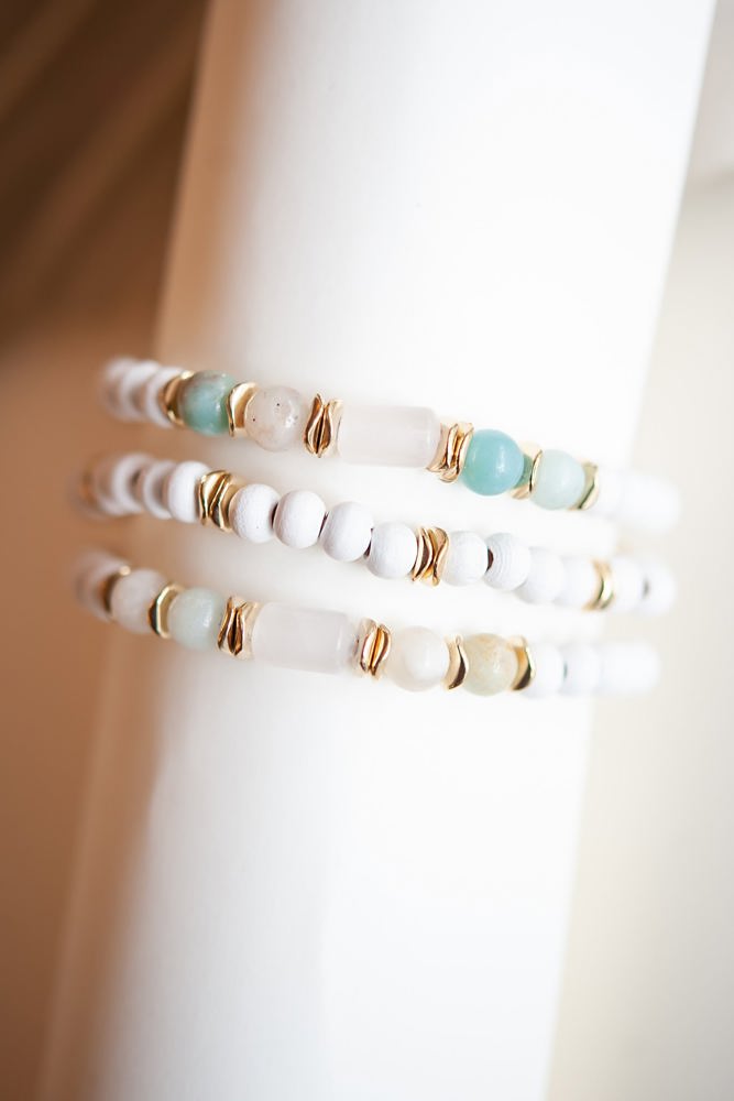 Bree Wood Beaded Bracelet Set | Natural Wood Layering Bracelets | Lucite Stone Bead Details