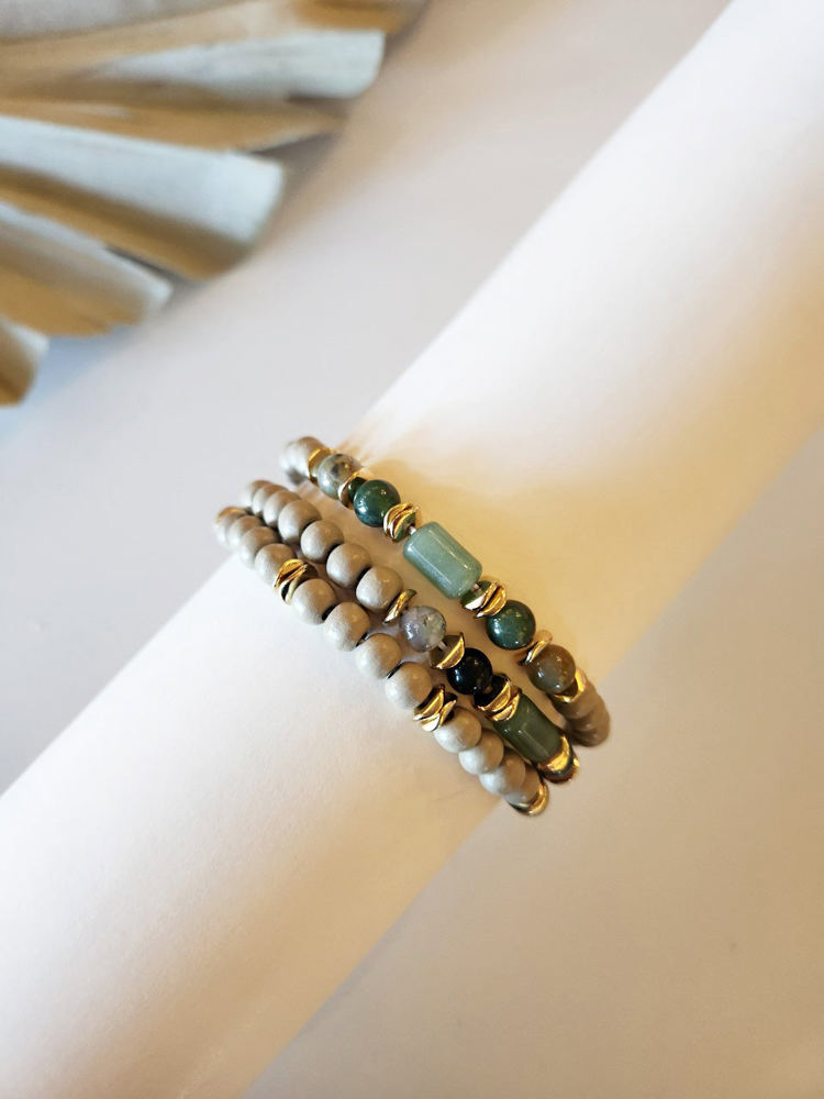 Bree Wood Beaded Bracelet Set | Natural Wood Layering Bracelets | Lucite Stone Bead Details