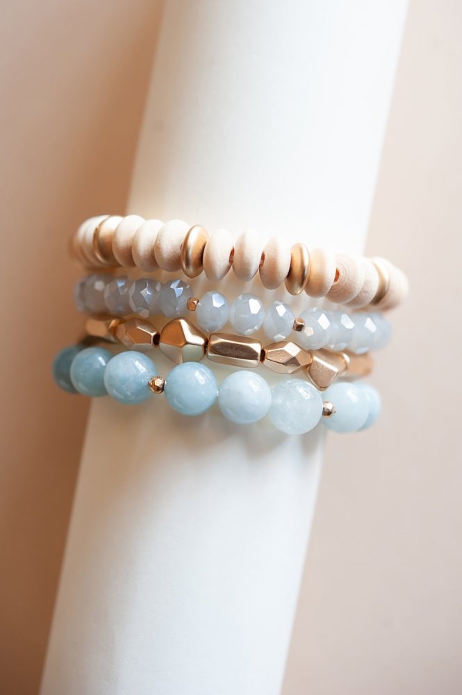 Katy Wood and Crystal Bracelet Sets | Multiple Colors | Natural Wood and Stone Beads | Colorful Layering Bracelets