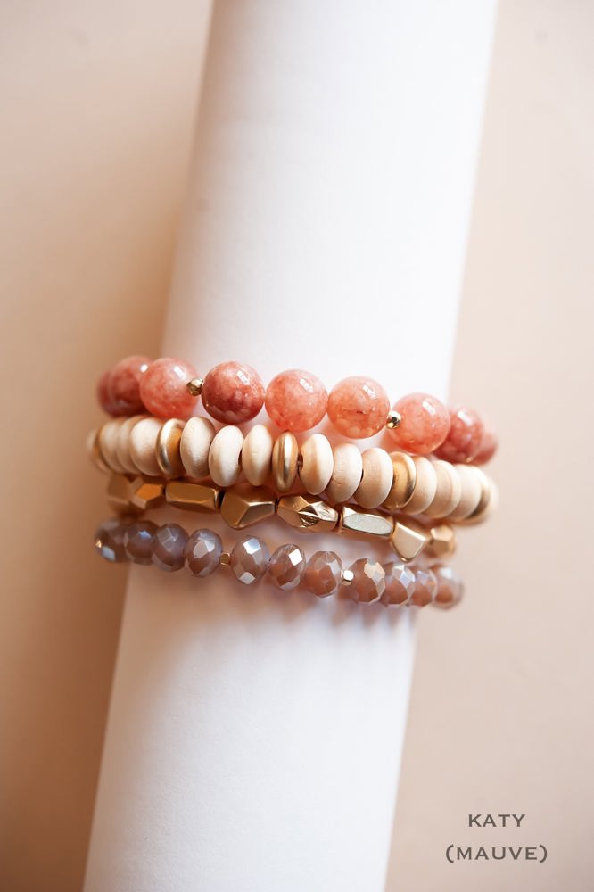 Katy Wood and Crystal Bracelet Sets | Multiple Colors | Natural Wood and Stone Beads | Colorful Layering Bracelets