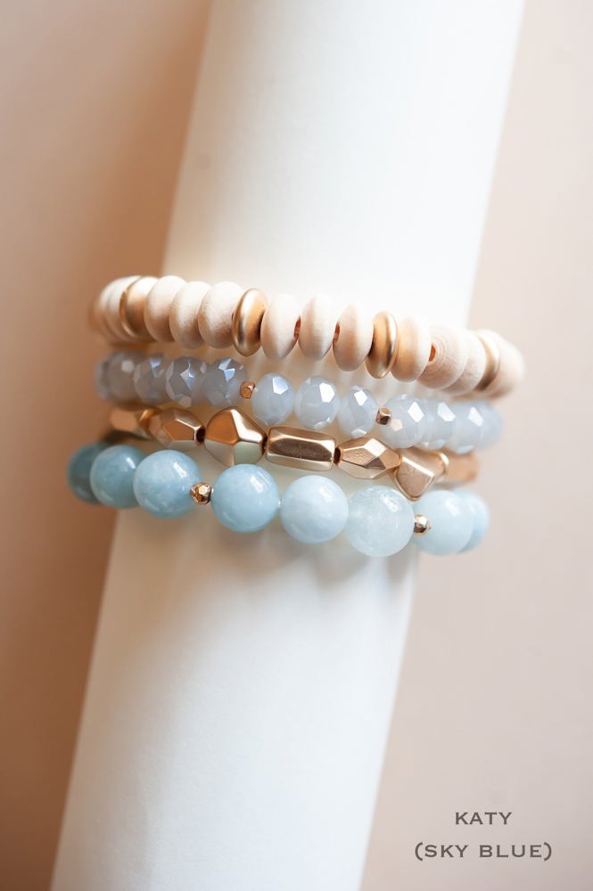 Katy Wood and Crystal Bracelet Sets | Multiple Colors | Natural Wood and Stone Beads | Colorful Layering Bracelets