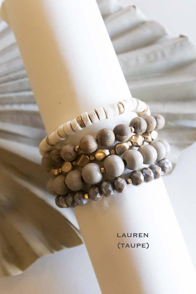 Lauren Wood Bracelet Stacks | Natural Wood Stone and Crystal Beads | Boho Layering Bracelets