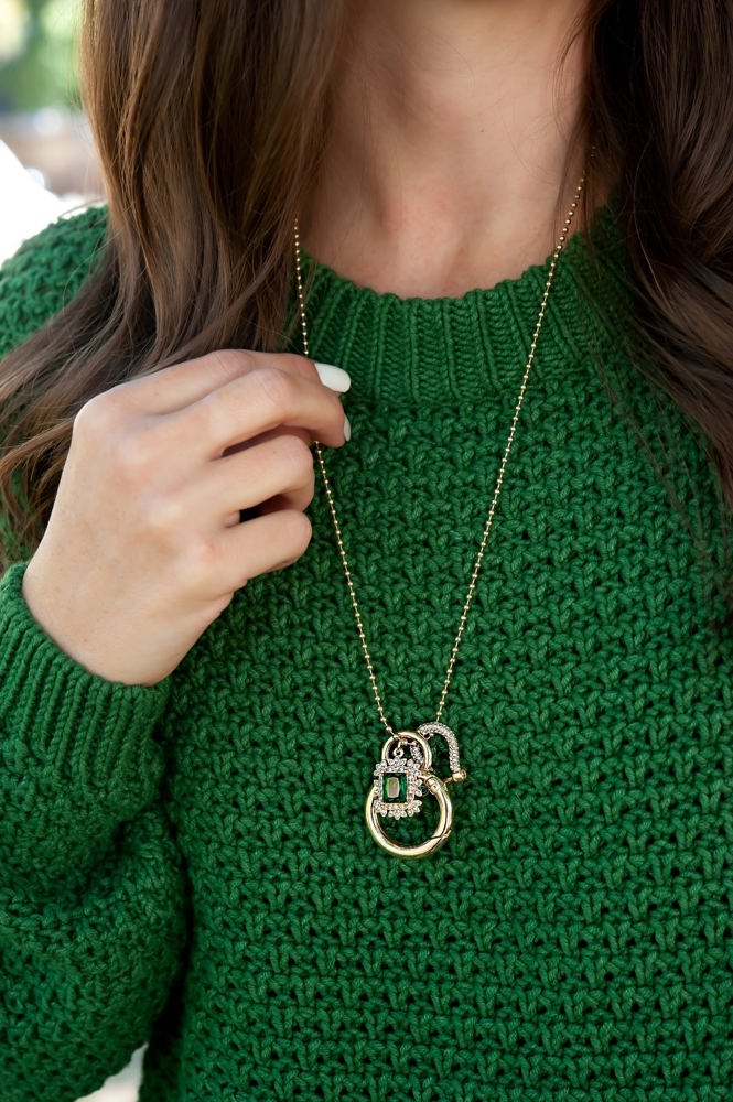 Eve Long Emerald Pendant Necklace | Long Gold Chain with Gold Horseshoe and Emerald Crystal Pendant Charms