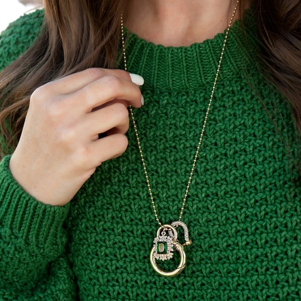 Eve Long Emerald Pendant Necklace | Long Gold Chain with Gold Horseshoe and Emerald Crystal Pendant Charms