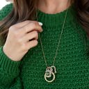  Eve Long Emerald Pendant Necklace | Long Gold Chain with Gold Horseshoe and Emerald Crystal Pendant Charms