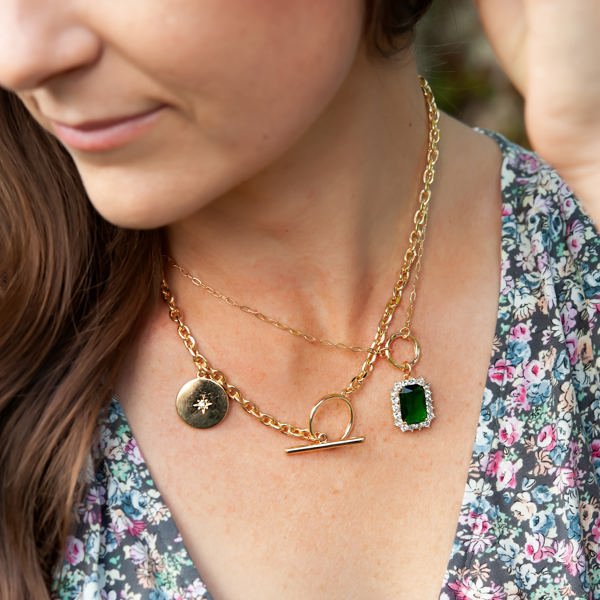 Mia Emerald Layering Necklace | Gold and Emerald Green Charm Necklace | Gold Layering Chains