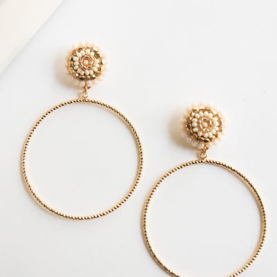 Reagan Gold Hoop Earrings | Cream Beaded Details | Thin Gold Hoops | Minimalist Boho Earrings