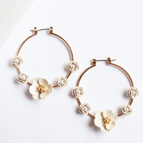 Aimee Cream Floral Hoop Earrings | Feminine Spring Summer Accessories | Special Occasion Earrings