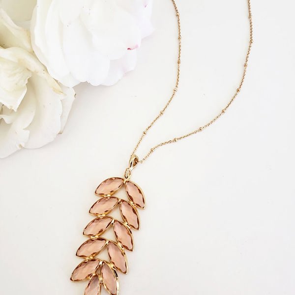 Fern Long Blush Pendant Necklace | Blush Pink Crystals | Floral Gem Pendant | Long Feminine Drop Necklace