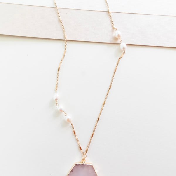 Elenore Lilac Pendant Necklace | Thin Gold Chain with Pearl Details | Lavender Geometric Stone Pendant