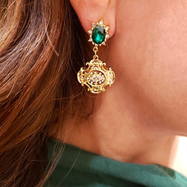 Mary Emerald and Gold Drop Earrings | Royal Ornate Gold Embossment with Oval Emerald Gemstone | Everyday and Formal Occasion Earrings | Wedding Season Jewelry