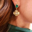  Mary Emerald and Gold Drop Earrings | Royal Ornate Gold Embossment with Oval Emerald Gemstone | Everyday and Formal Occasion Earrings | Wedding Season Jewelry