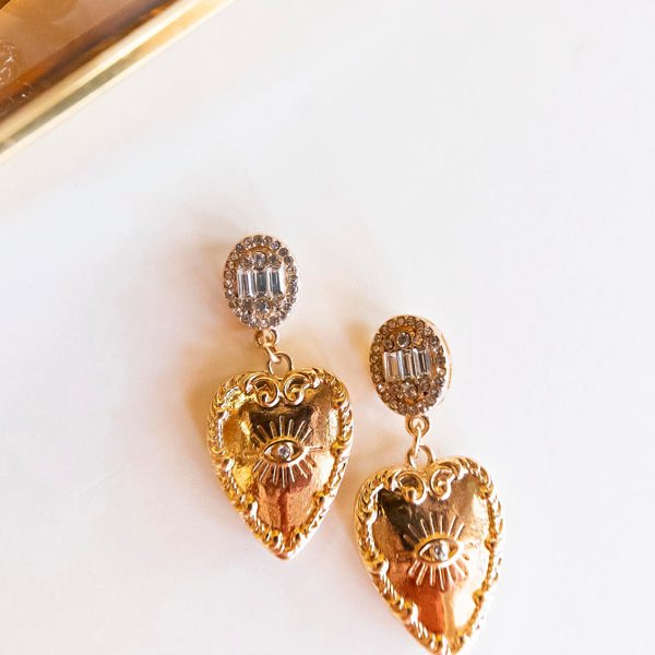 Catherine Ornate Gold Drop Earrings | Special Occasion Earrings | Intricate Gold Heart and Crystal Accents