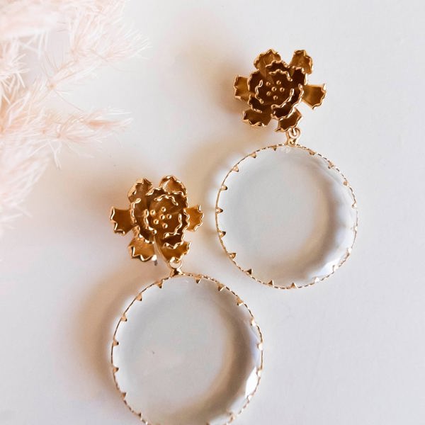 Aubrey Floral Drop Earrings | Clear Round Crystal with Gold Metal Floral Detail | Special Occasion Accessories