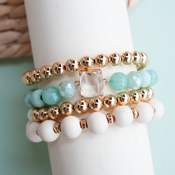 Carol Bracelet Stack | Teal Gold and Painted Wood Layering Bracelet