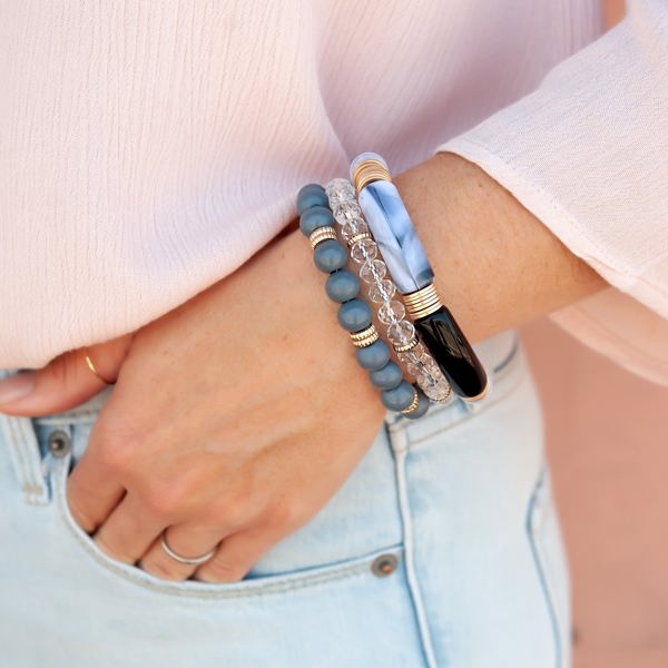 Lilith Bracelet Set | Gray and Marble Lucite with Clear Crystal Beads | Gold Disk Details