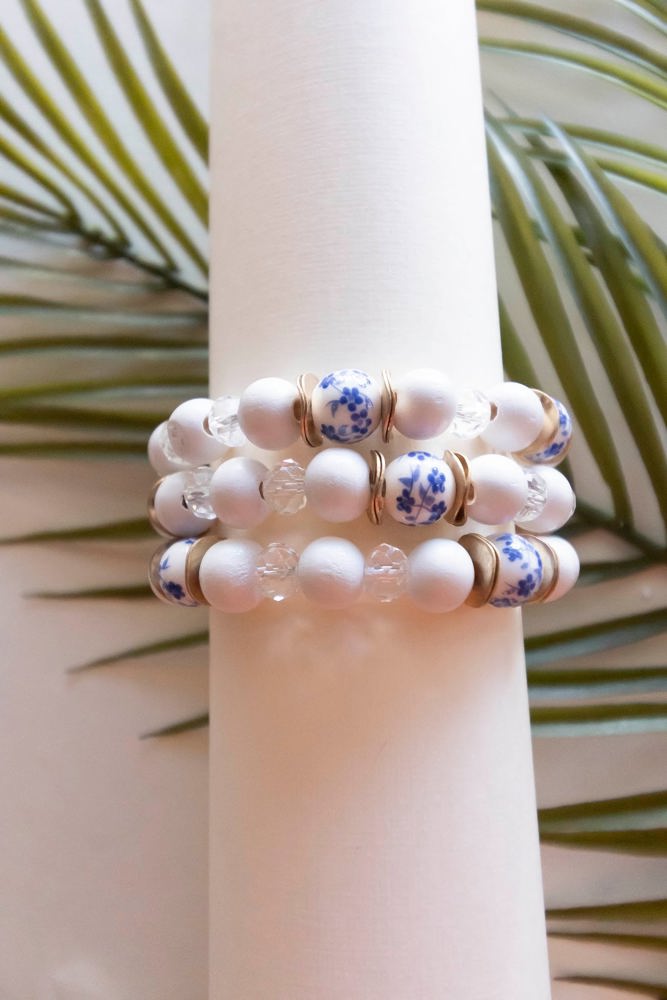 Lena Bracelet Stack | White Painted Wood Beads | Blue China Patter Beads | Layering Bracelets