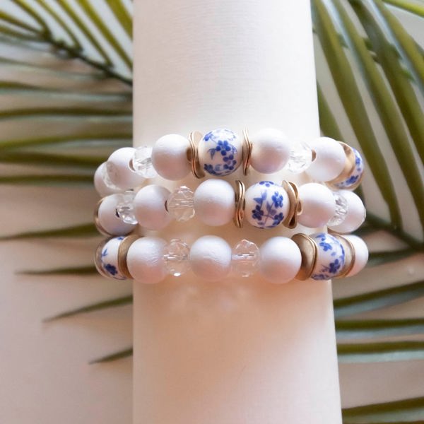 Lena Bracelet Stack | White Painted Wood Beads | Blue China Patter Beads | Layering Bracelets