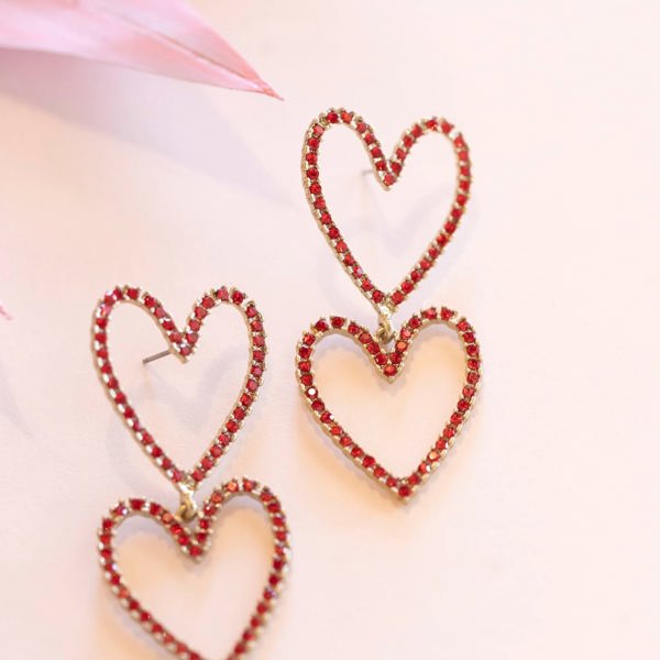 Crystal Heart Drop Earrings | Crimson Red Crystal Hearts | Special Occasion Valentine Earrings | Romantic Drop Earrings