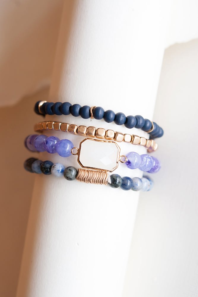 Avery Violet Bracelet Stack | Cobalt Gold Violet Beaded Layering Bracelet