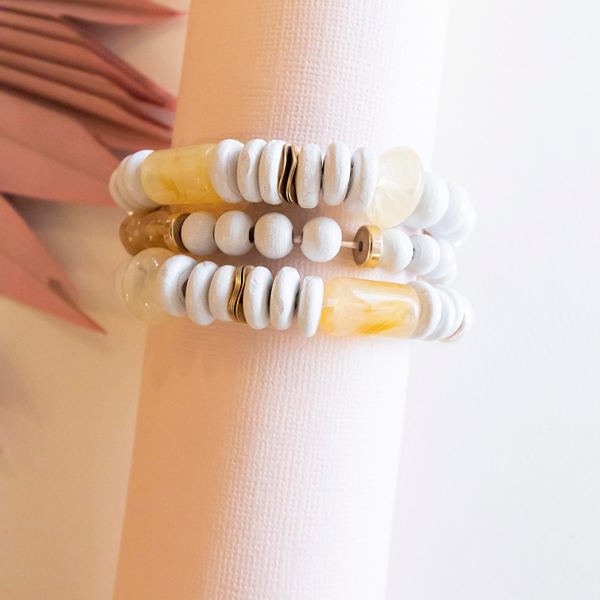 Rebecca Bracelet Stack | Natural Wood with Amber Resin Beads | Stretch Band Pisa Bead Bracelets