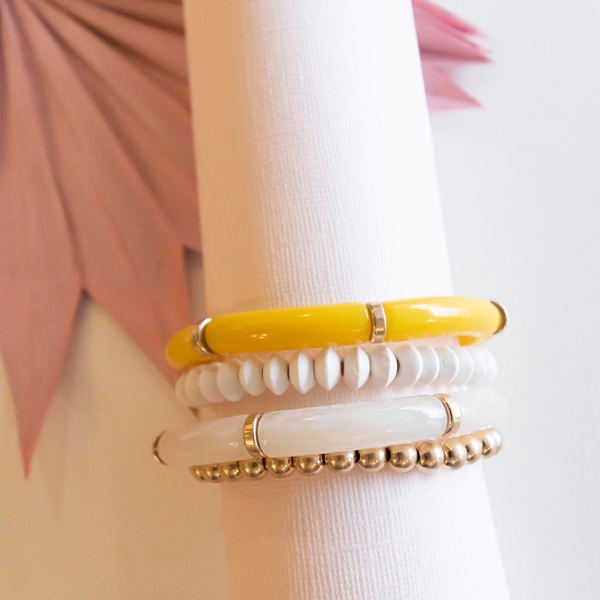 Andrea Bracelet Stack | Yellow Lucite with Gold Beaded Details | Natural Wood Bead Stretch Bracelets | Pisa Beads