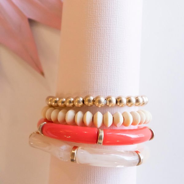 Andrea Bracelet Stack | Coral Pink Lucite with Gold Beaded Details | Natural Wood Bead Stretch Bracelets | Pisa Beads