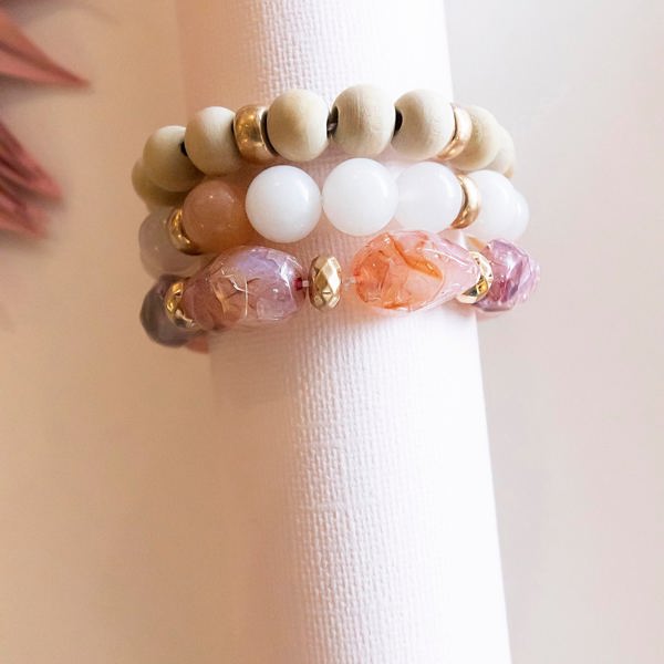 Heather Blush Bracelet Stack | Layering Crystal Wood Pisa Beads