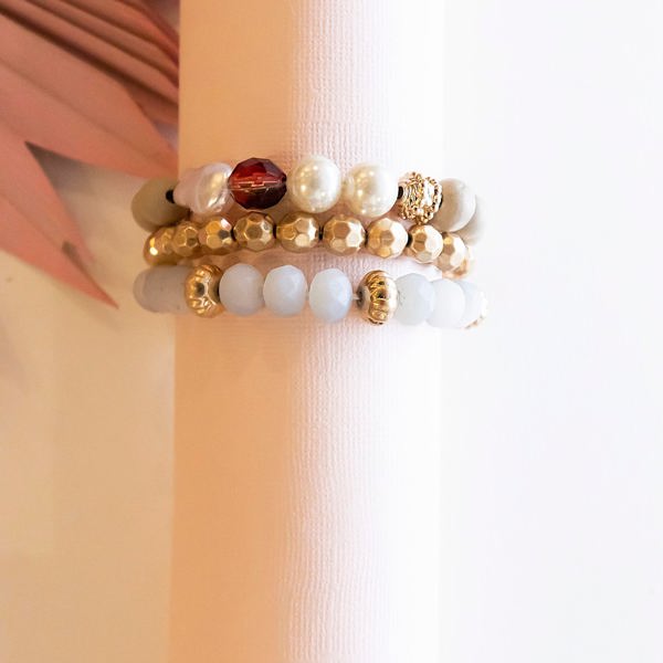 Alex Taupe Layering Bracelet | Wood Pearl Gold Beaded Stack