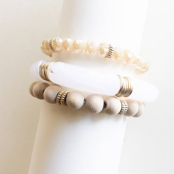 Lilith Bracelet Set | Ivory Lucite with Natural Wood Beads | Gold Disk Details