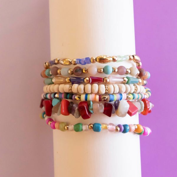 Arianna Multicolor Layering Bracelet | Natural Wood and Pebble Beaded Bracelet Stack