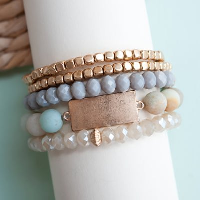 Gabriella Bracelet Stack | Aqua Stone and Crystal Beaded Bracelet Set | Neutral Layering Bracelets