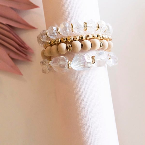 Odette Crystal Bracelet Set | Clear Crystal and Natural Wood Beaded Bracelets | Neutral Layering Bracelets