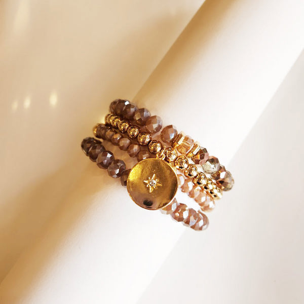 Sophia Mauve Crystal Bracelet Set | Blush Beaded Layering Bracelets | Gold Charm Detail