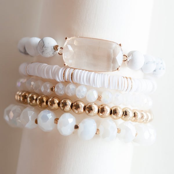 Wendy White Beaded Bracelet Set | Marble Clay and Crystal Beaded Bracelets | Neutral Spring Summer Layering Bracelet Stack