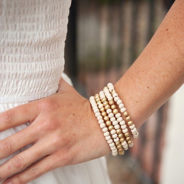 Eleni Natural Wood Beaded Bracelet Stack | Wood and Gold Pisa Beads | Layering Boho Bracelet Set