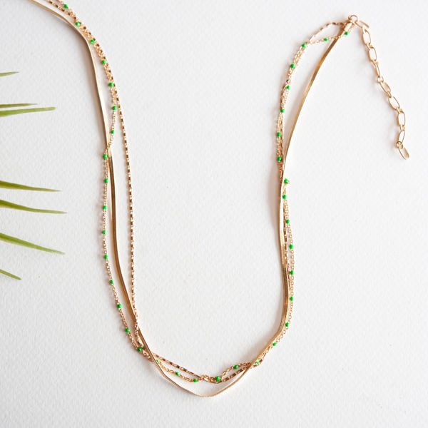 Emmie Green and Gold Layered Necklace | Triple Layer Chain and Bead Necklace