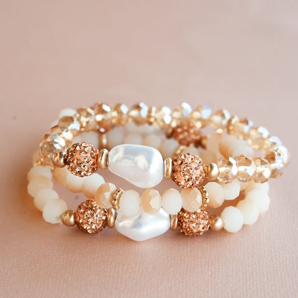 Tanya Peach and Champagne Bracelet Stack | 3 Piece Crystal and Pearl Bracelet Set