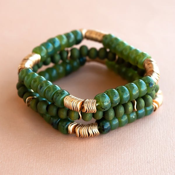 Sylvia Green and Gold Bracelet Stack | Jade and Hammered Disk Beaded Bracelet Set