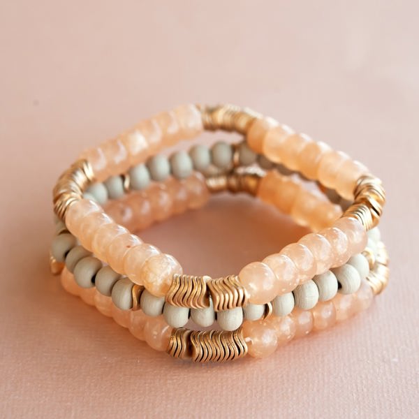 Anna Wood and Peach Beaded Bracelet Set | Boho Chic Bracelet Stack with Gold Details