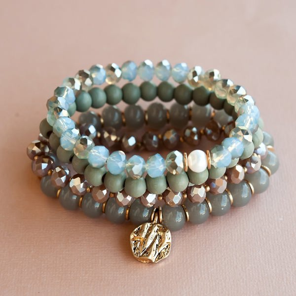 Emma Shades of Gray Bracelet Set | Crystal and Wood Bracelet Stack with Gold Details