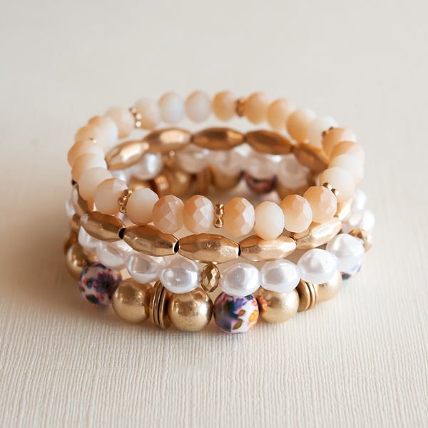 Lannie Blush and Gold Beaded Bracelet | Pearl and Watercolor Bead Bracelet Set